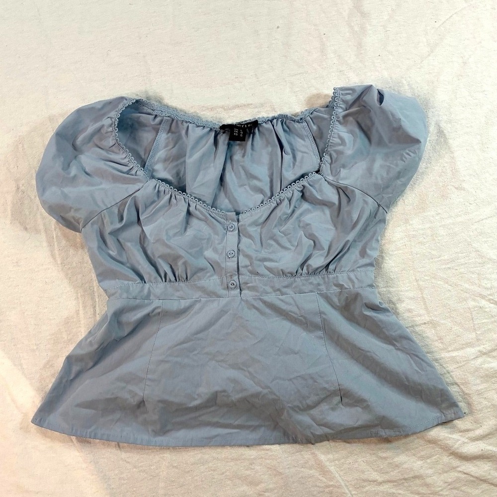 Arden B Women's Size Large Blouse Light Blue Short Sleeve Sweetheart Neck A59